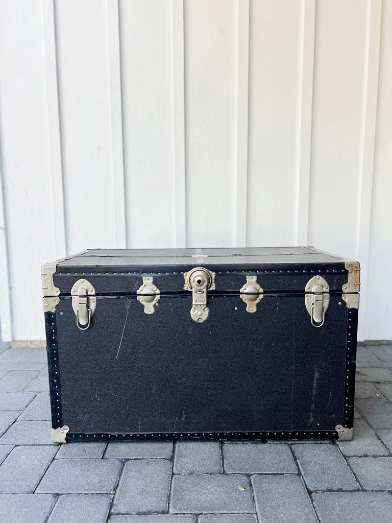 Vintage Black Metal Steamer Trunk Chest 1930's