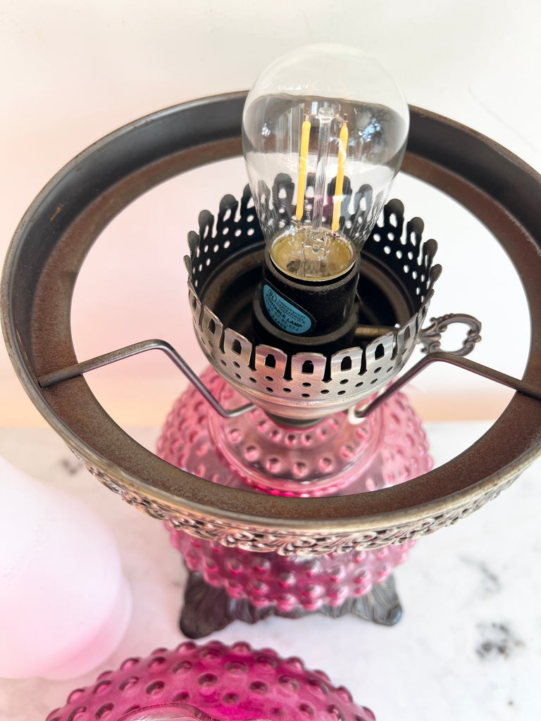 Cranberry Glass Hobnail Electric Hurricane Lamp