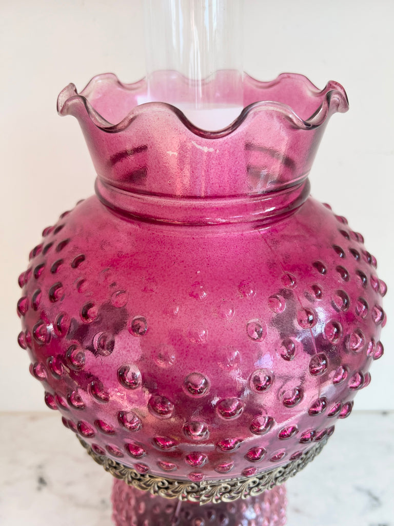 Cranberry Glass Hobnail Electric Hurricane Lamp