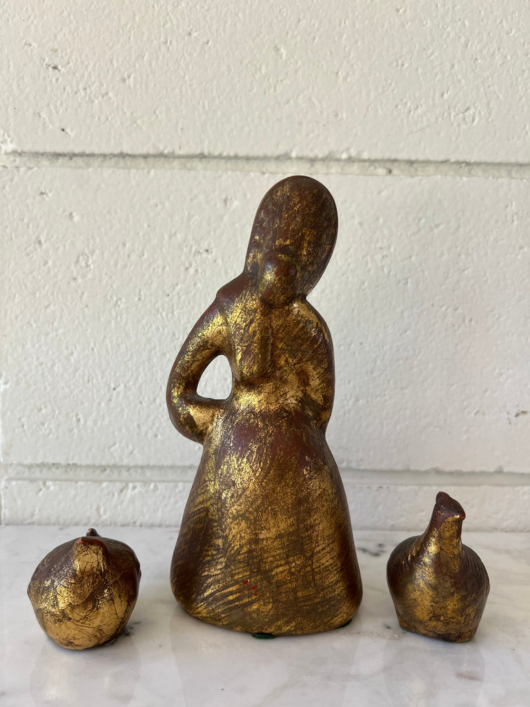 Vintage Girl and Chickens Ceramic Sculpture