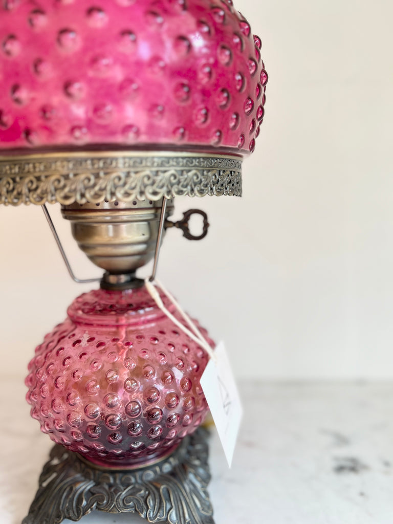 Cranberry Glass Hobnail Electric Hurricane Lamp