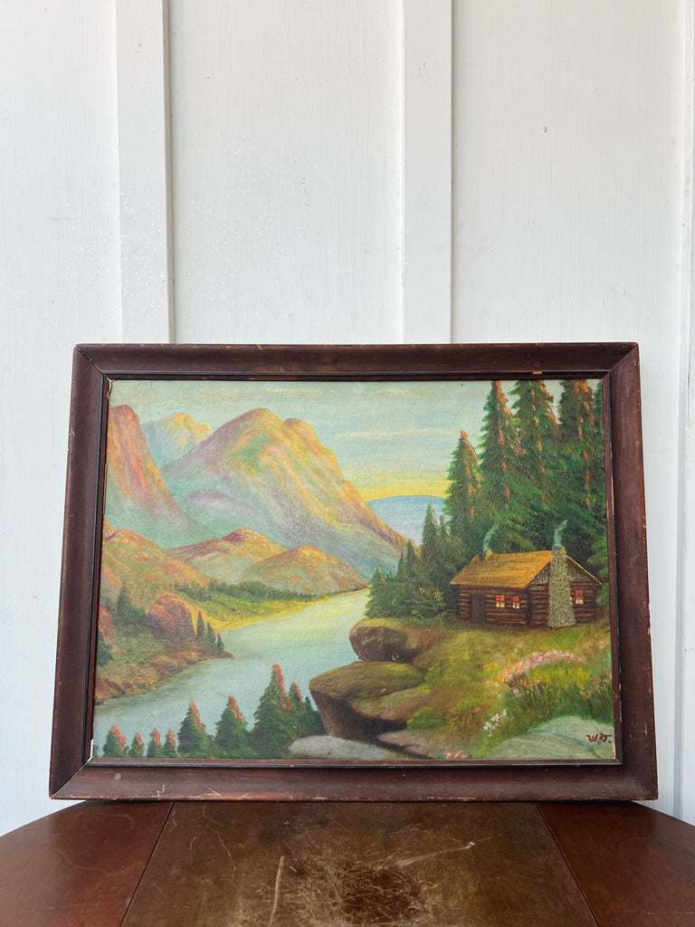 Framed Original Painting Lakeside Cabin