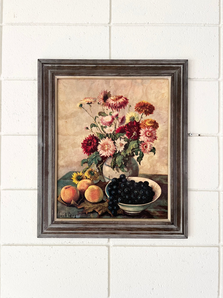 Framed Vintage Litho Print, Still Life Fruit and Flowers