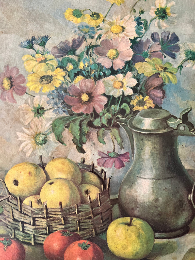 Framed Vintage Litho Print, Still Life Flowers and Fruit