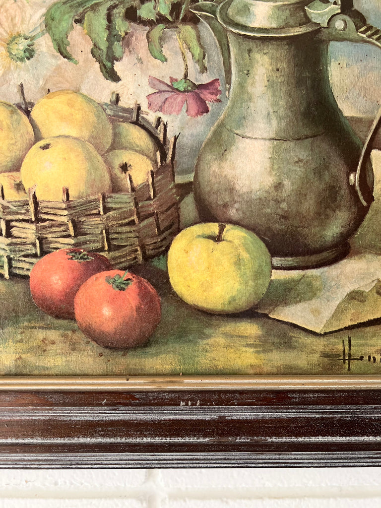 Framed Vintage Litho Print, Still Life Flowers and Fruit