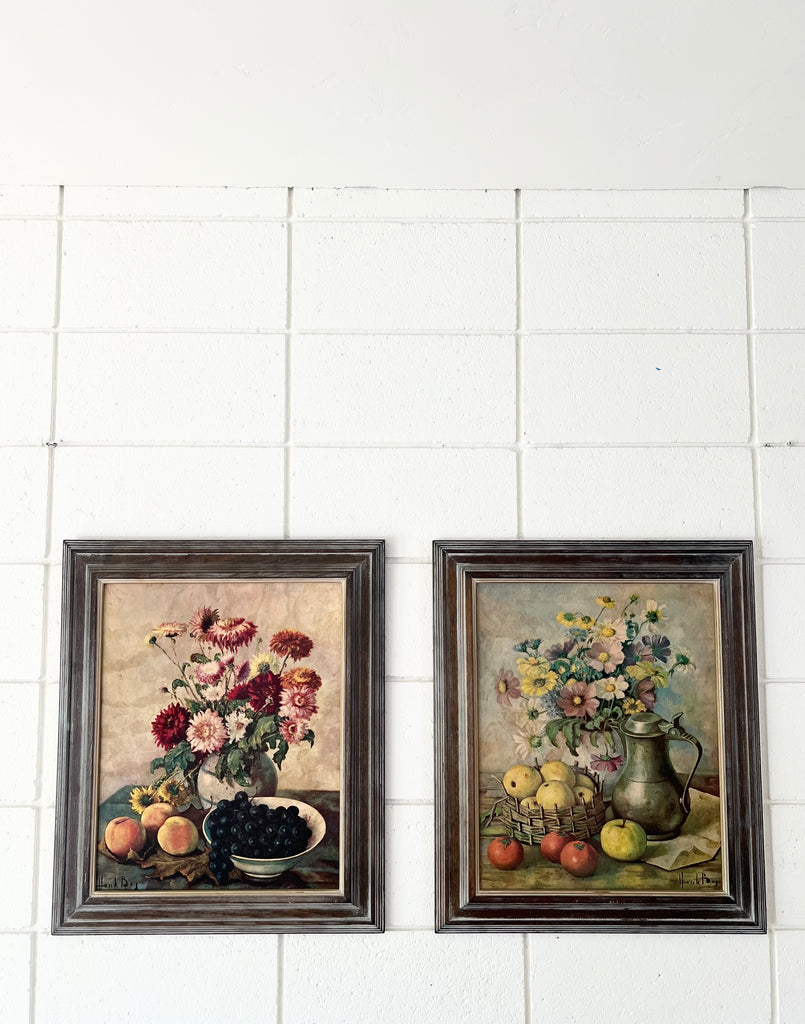 Framed Vintage Litho Print, Still Life Fruit and Flowers