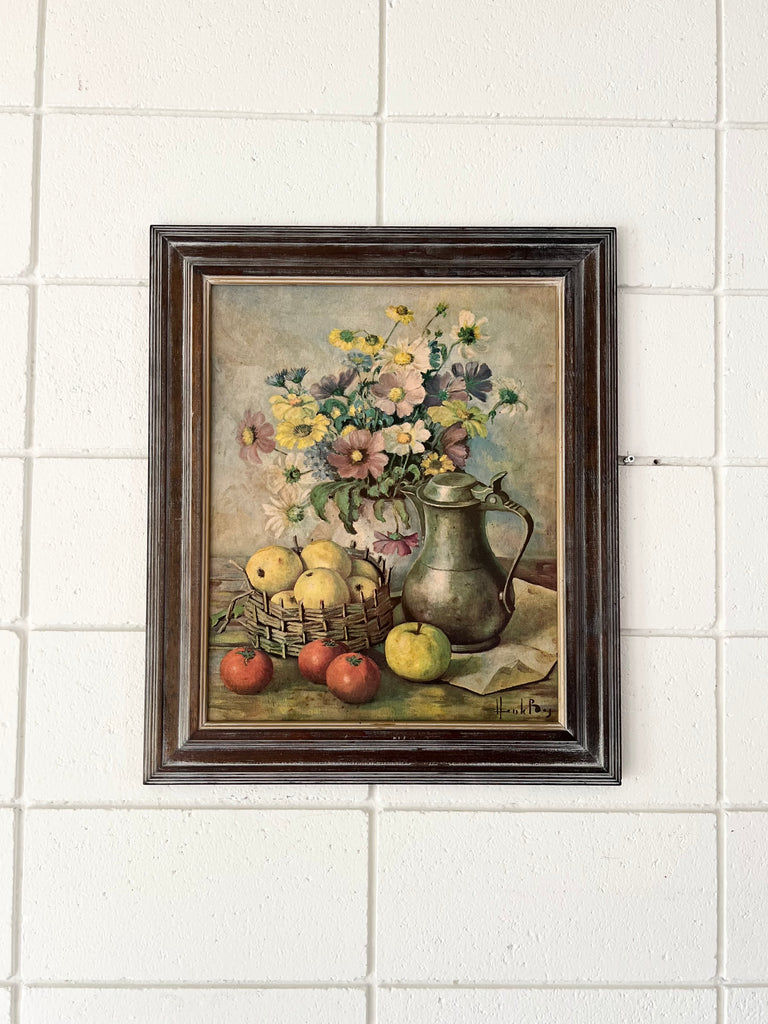 Framed Vintage Litho Print, Still Life Flowers and Fruit