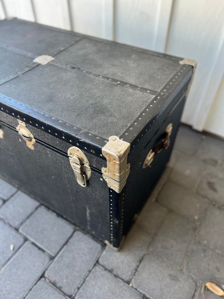 Vintage Black Metal Steamer Trunk Chest 1930's