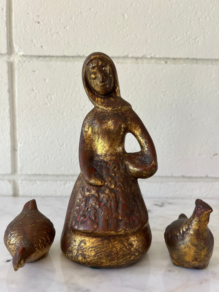Vintage Girl and Chickens Ceramic Sculpture