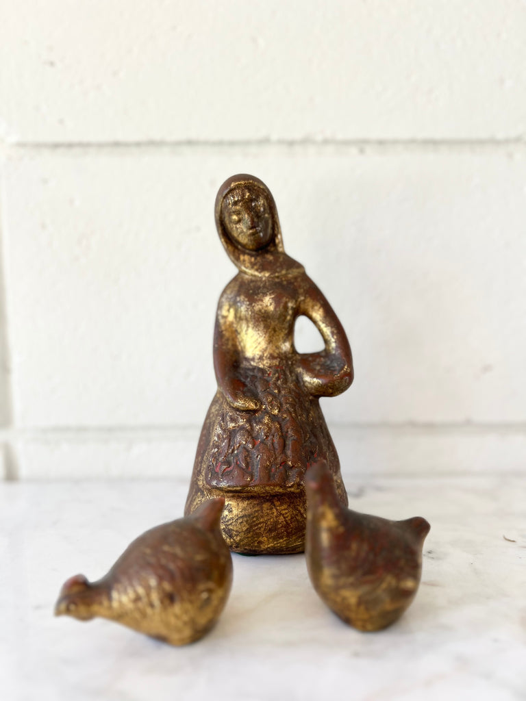 Vintage Girl and Chickens Ceramic Sculpture