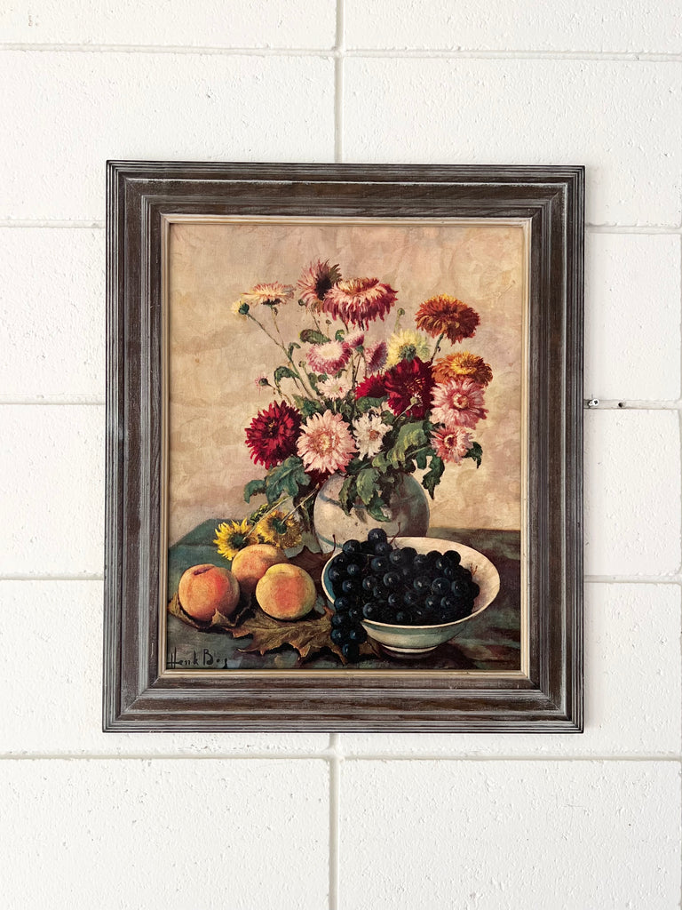 Framed Vintage Litho Print, Still Life Fruit and Flowers