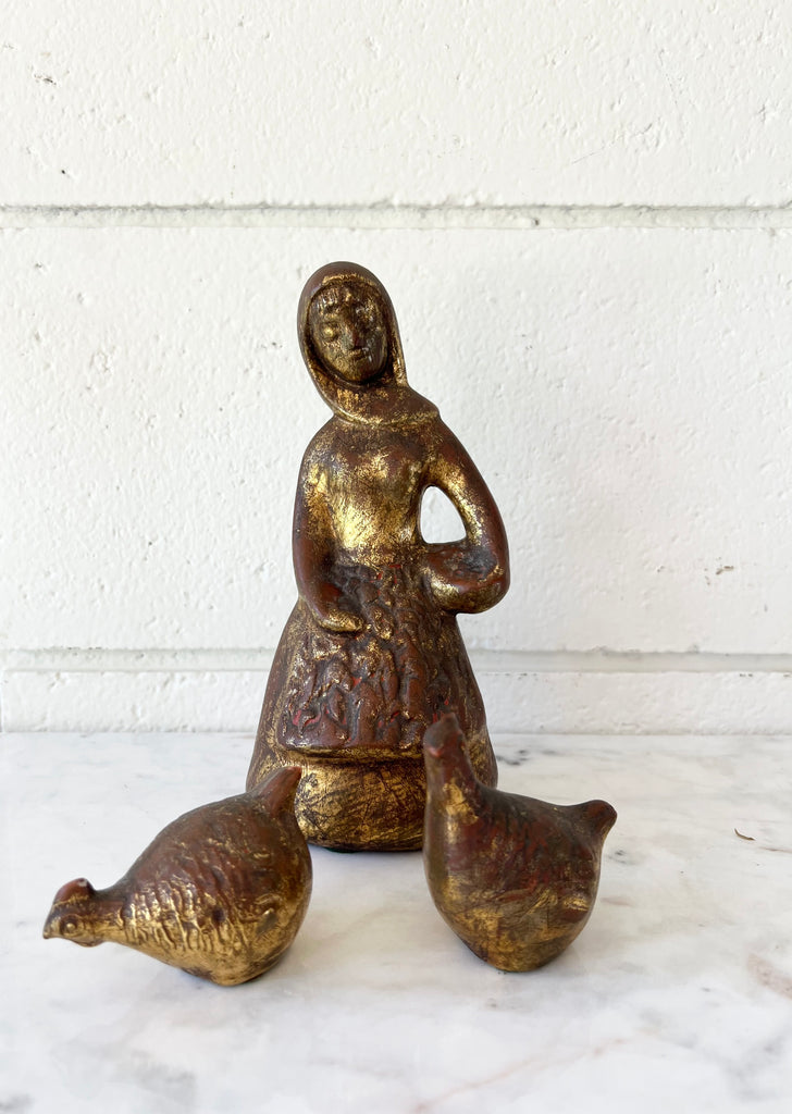 Vintage Girl and Chickens Ceramic Sculpture