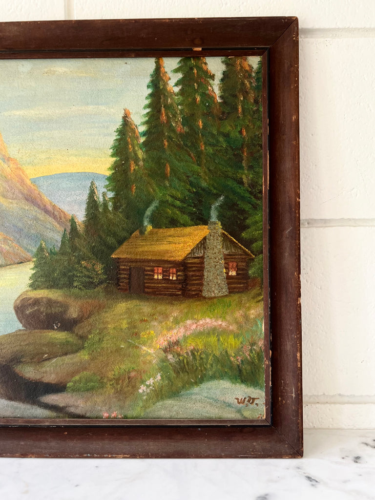 Framed Original Painting Lakeside Cabin