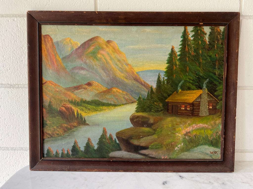 Framed Original Painting Lakeside Cabin