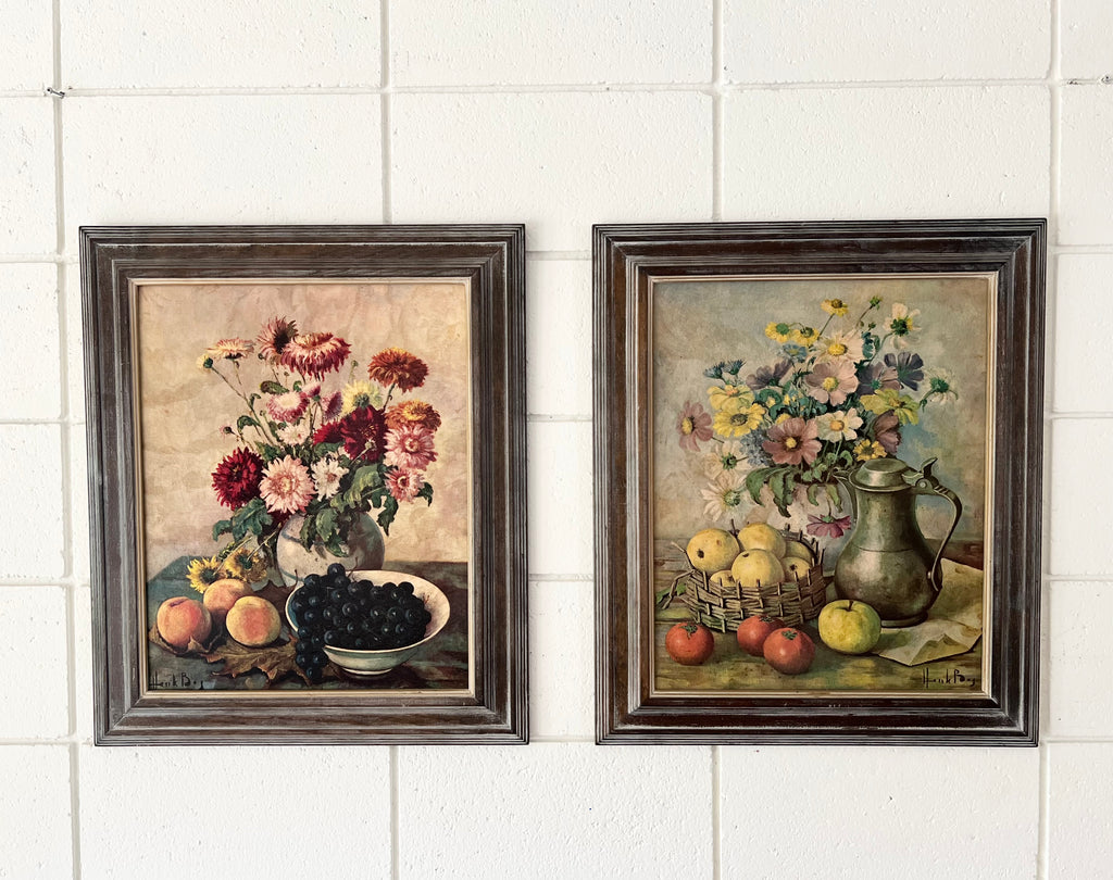 Framed Vintage Litho Print, Still Life Flowers and Fruit