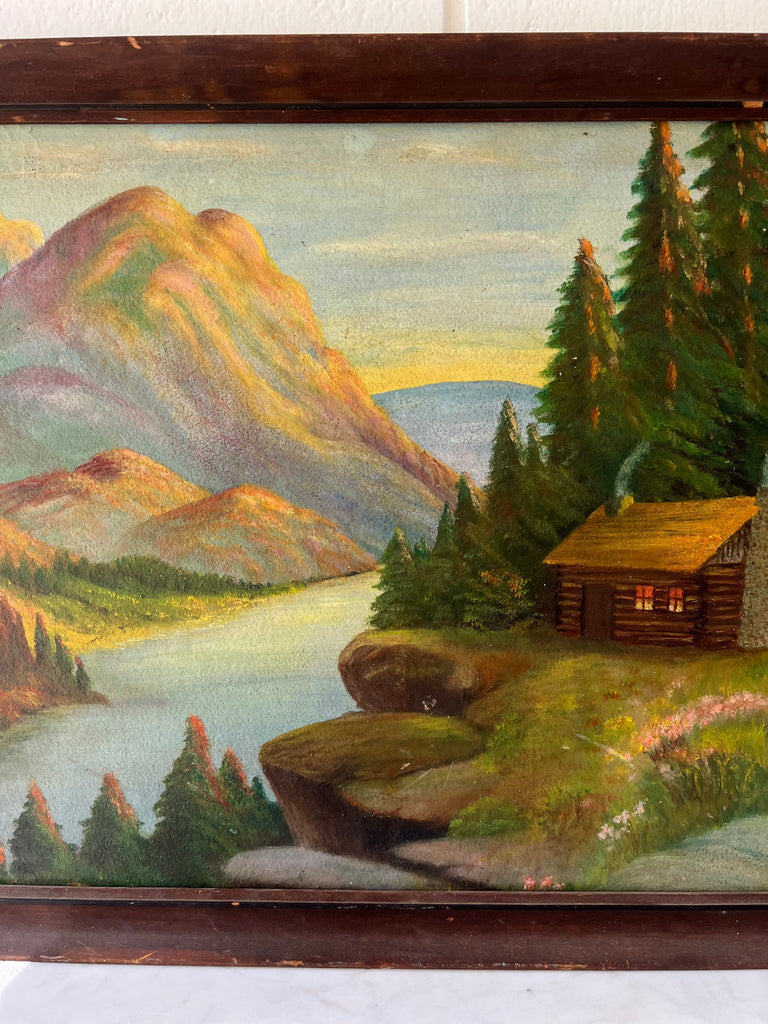 Framed Original Painting Lakeside Cabin