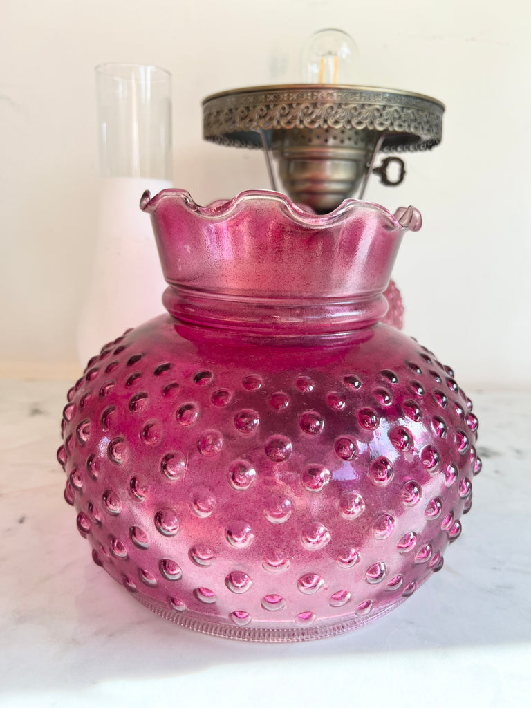 Cranberry Glass Hobnail Electric Hurricane Lamp