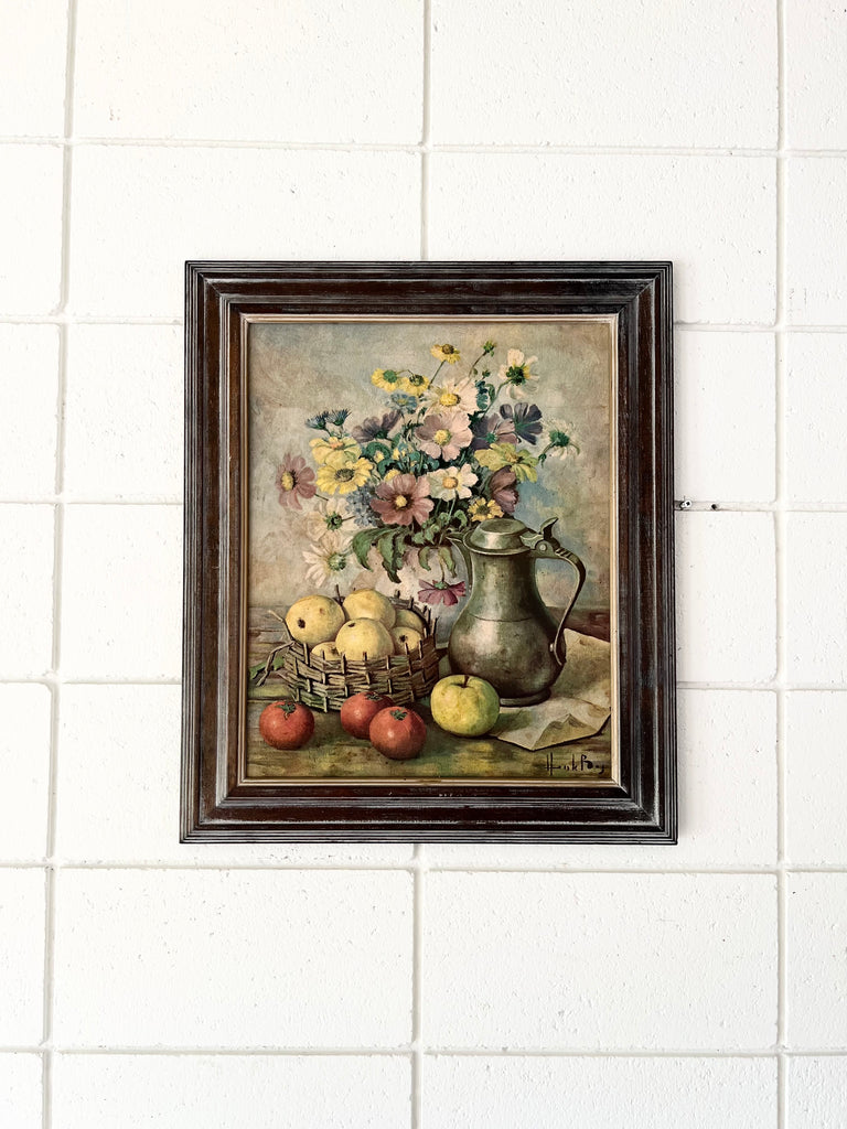 Framed Vintage Litho Print, Still Life Flowers and Fruit
