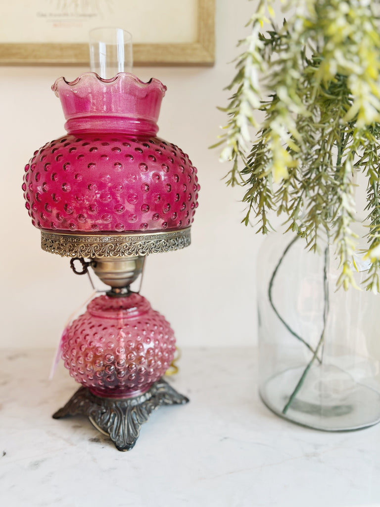 Cranberry Glass Hobnail Electric Hurricane Lamp