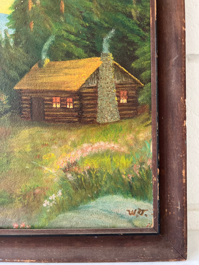Framed Original Painting Lakeside Cabin