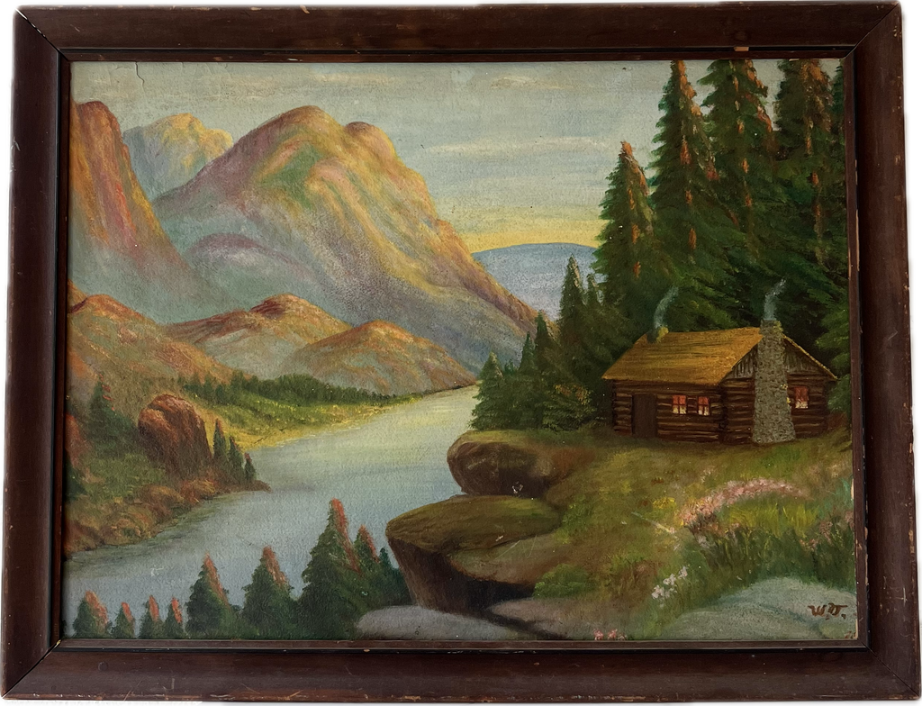 Framed Original Painting Lakeside Cabin