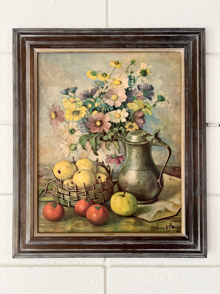 Framed Vintage Litho Print, Still Life Flowers and Fruit