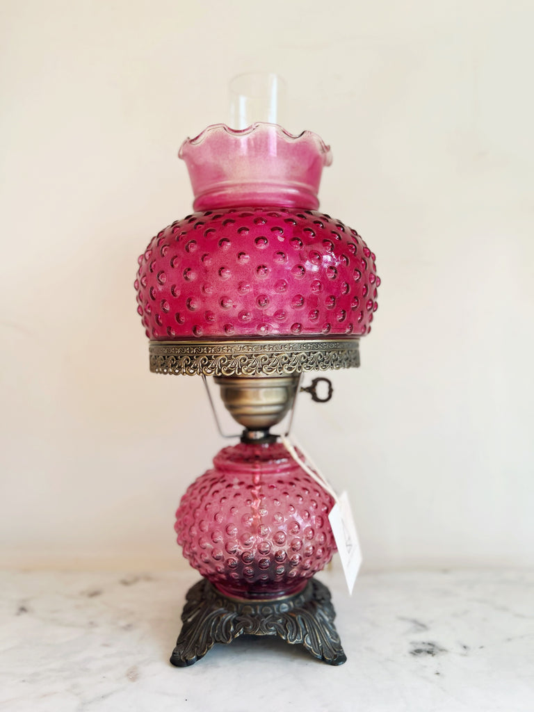Cranberry Glass Hobnail Electric Hurricane Lamp