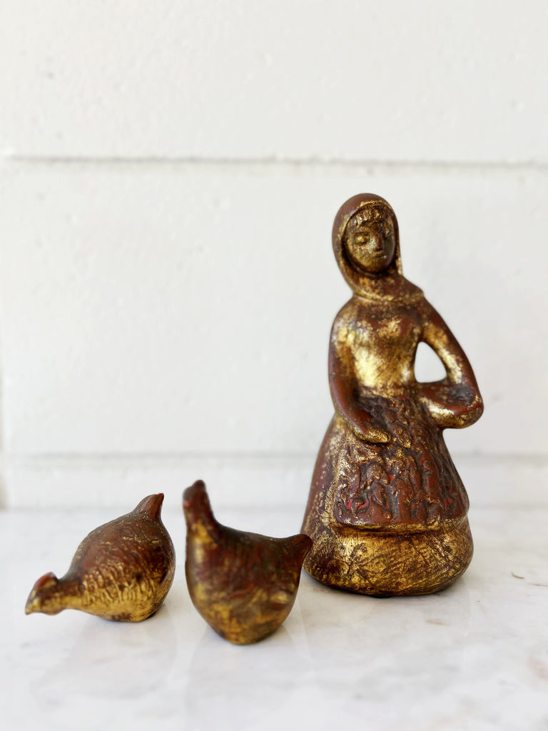 Vintage Girl and Chickens Ceramic Sculpture