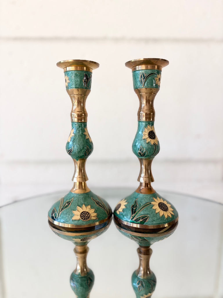 Vintage Brass Enameled Sunflower Candlestick Holders Set of 2