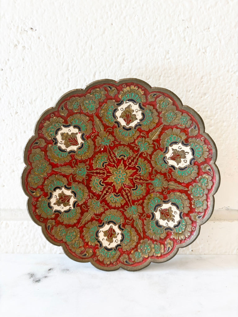 Vintage Etched Brass Pedestal Bowl with Scalloped Edge