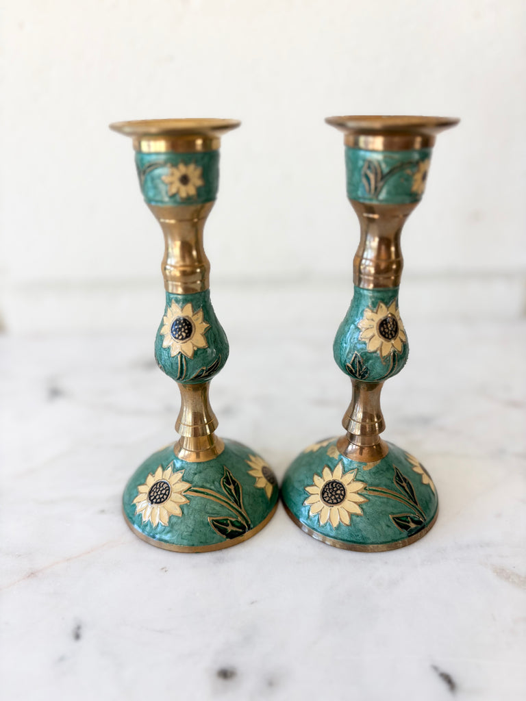 Vintage Brass Enameled Sunflower Candlestick Holders Set of 2