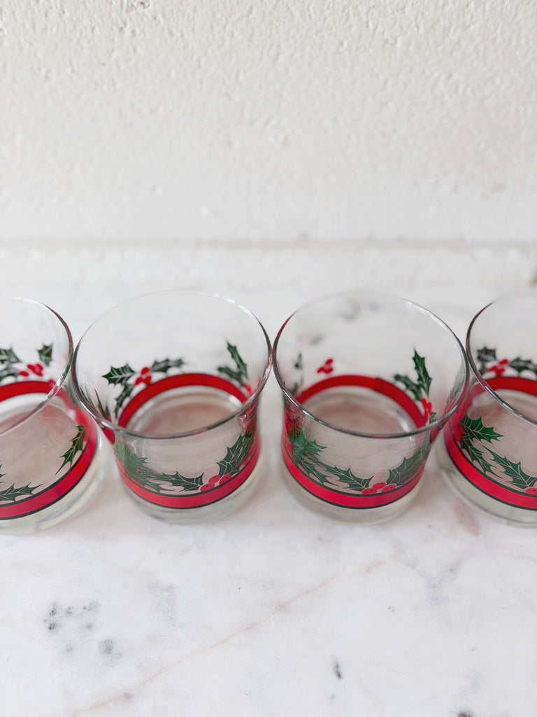 Vintage Libbey Holly and Berries Lowball Glassware Set of 4