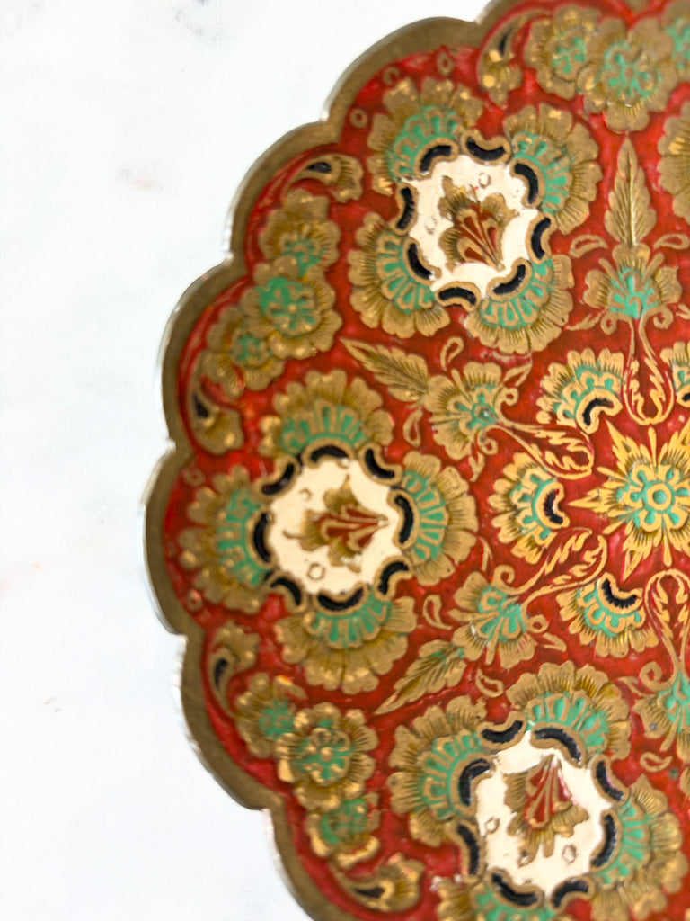 Vintage Etched Brass Pedestal Bowl with Scalloped Edge