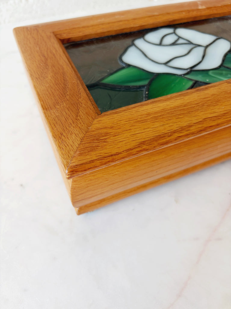 Stained Glass White Rose Handcrafted Jewelry Box