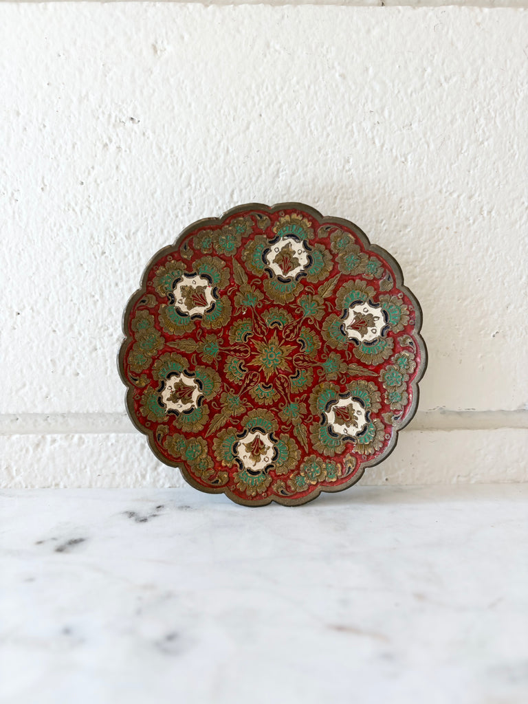 Vintage Etched Brass Pedestal Bowl with Scalloped Edge