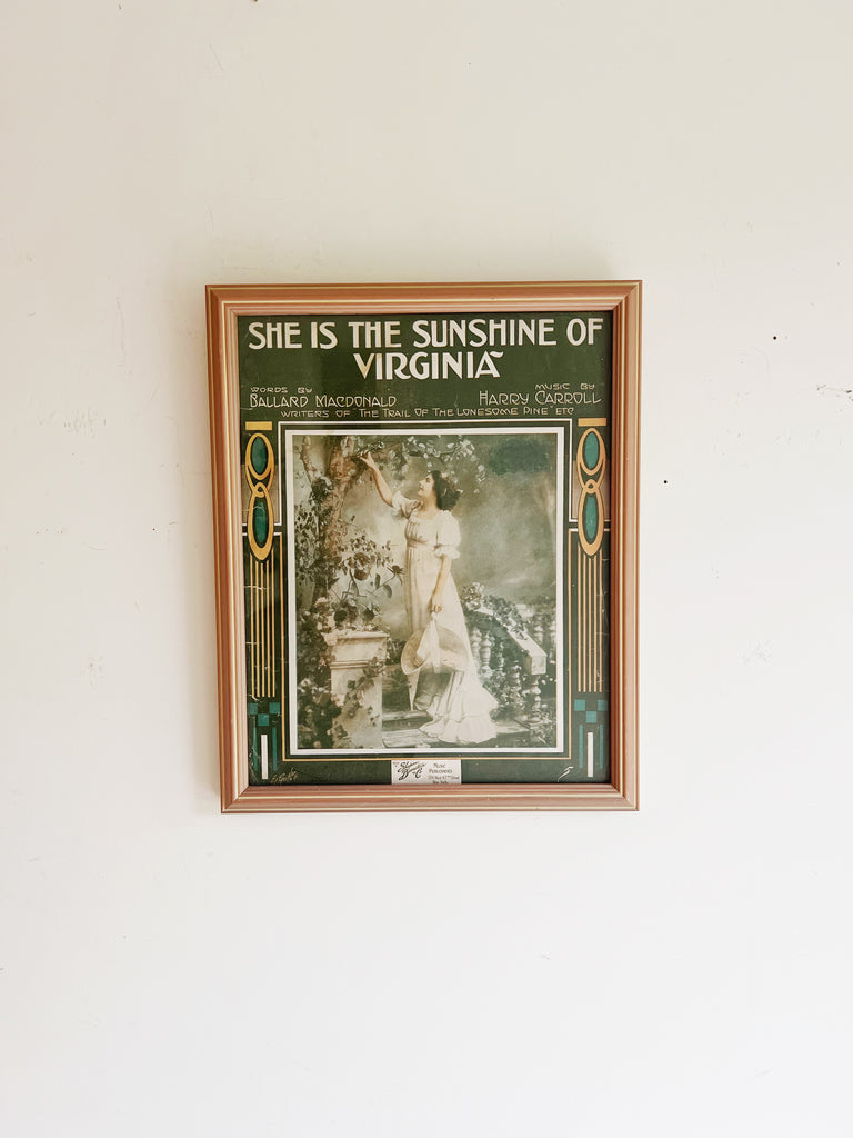 Framed Sheet Music “She is the Sunshine of Virginia”