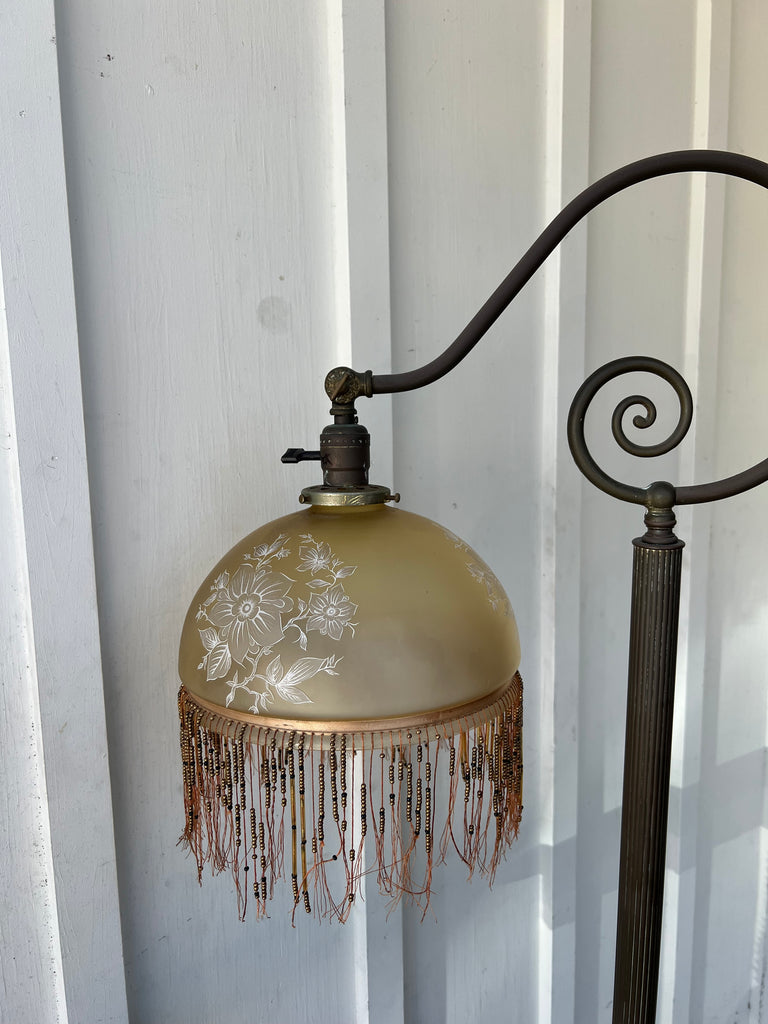 Antique Victorian Beaded Fringe Brass Floor Lamp