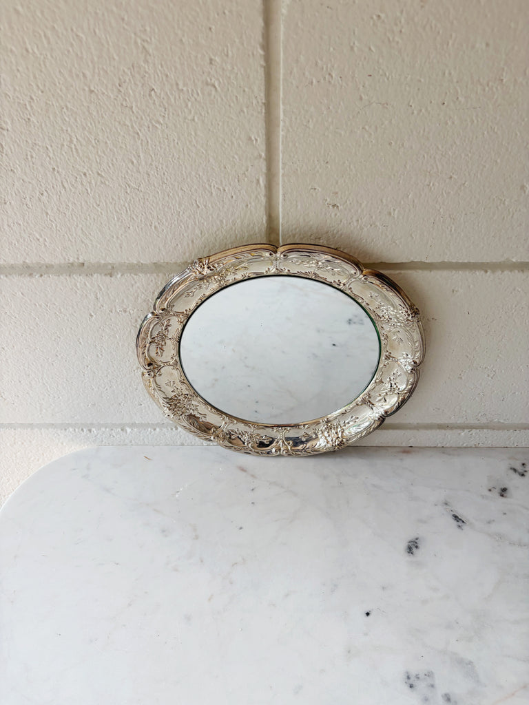 Scalloped Silver Ornate Round Mirror Tray