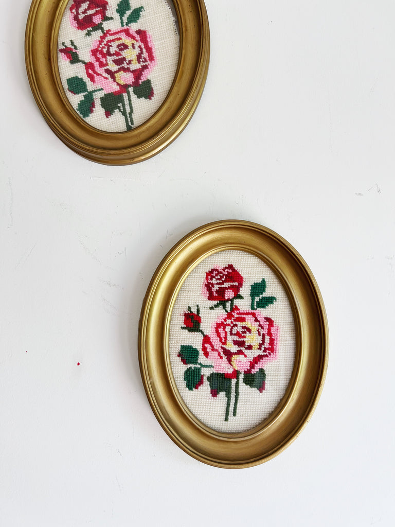 Framed Petite Needlepoint Floral Fabric Art Set