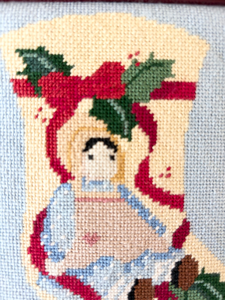 Framed Vintage Holiday Amish Doll Stocking Needlepoint Art Set