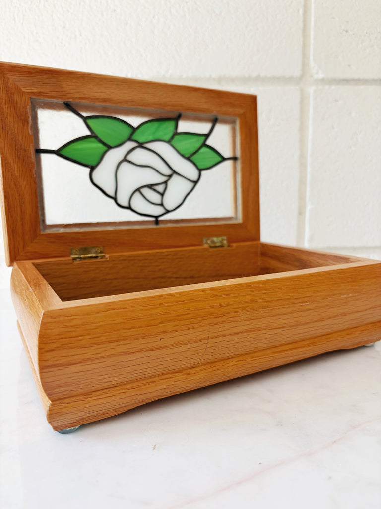 Stained Glass White Rose Handcrafted Jewelry Box