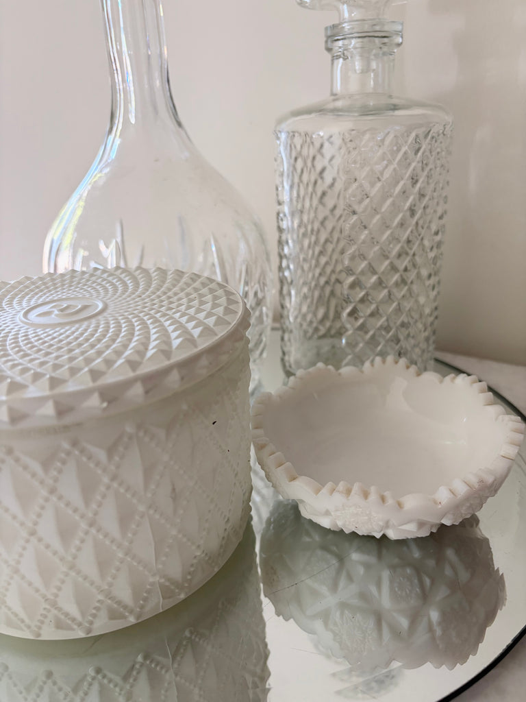Vintage White Milk Glass Westmoreland Old Quilt Pattern Dish