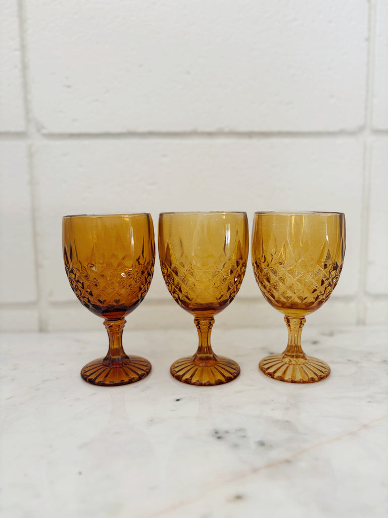 Vintage Diamond Point Goblet Glassware Set Amber