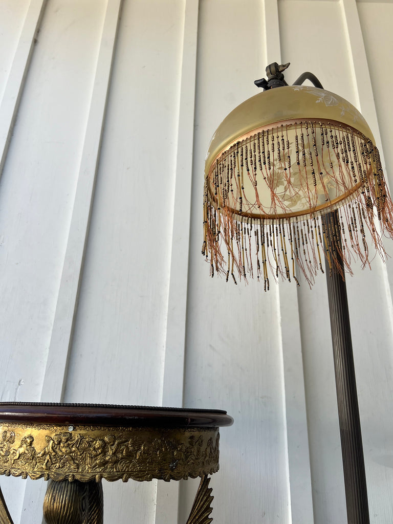 Antique Victorian Beaded Fringe Brass Floor Lamp