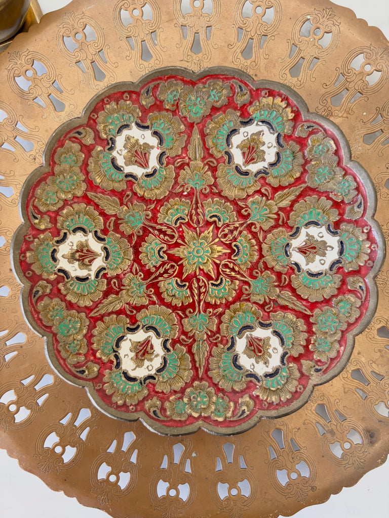 Vintage Etched Brass Pedestal Bowl with Scalloped Edge