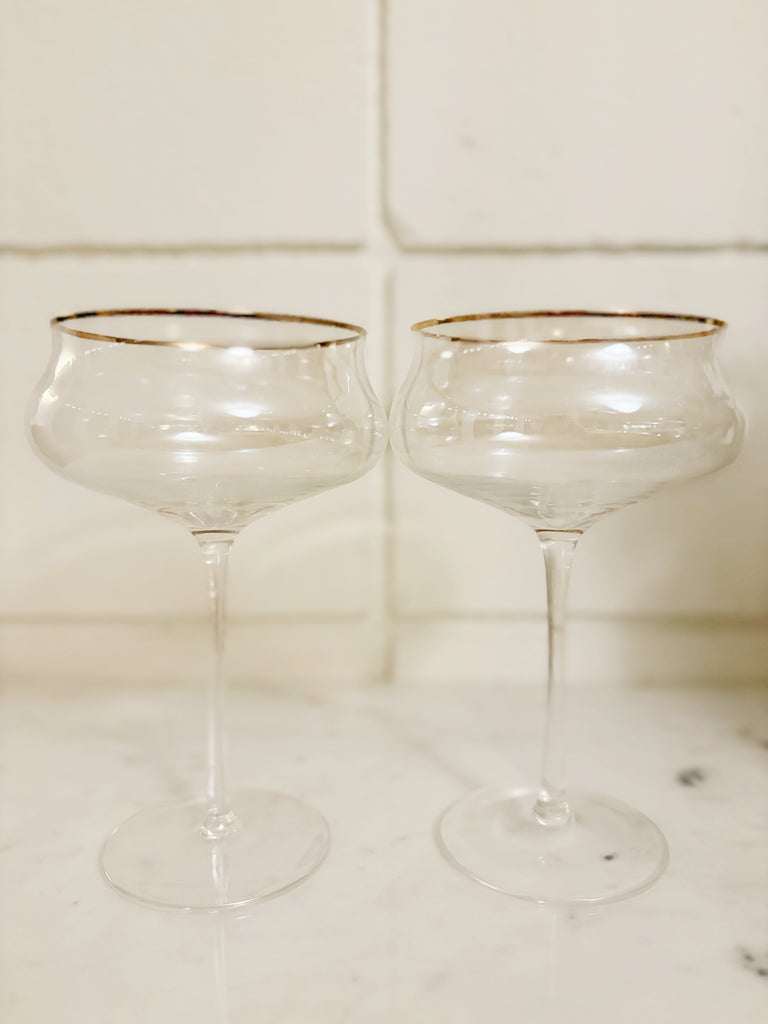 Vintage Inspired Fluted Coupe Gold Rim Glassware Set of 2