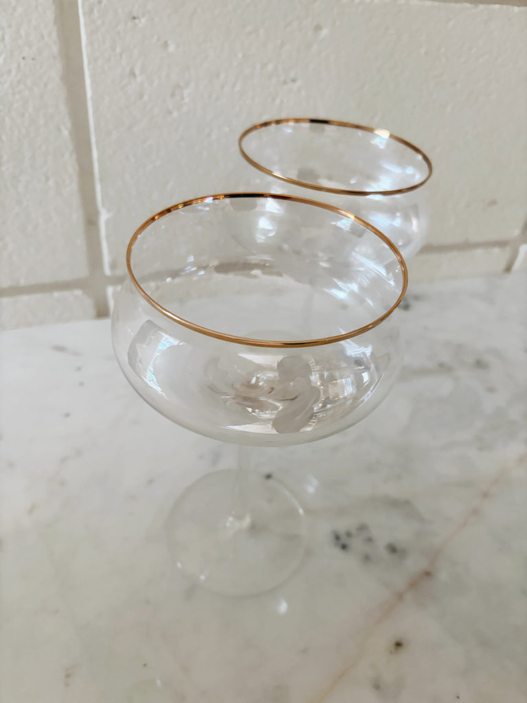 Vintage Inspired Fluted Coupe Gold Rim Glassware Set of 2