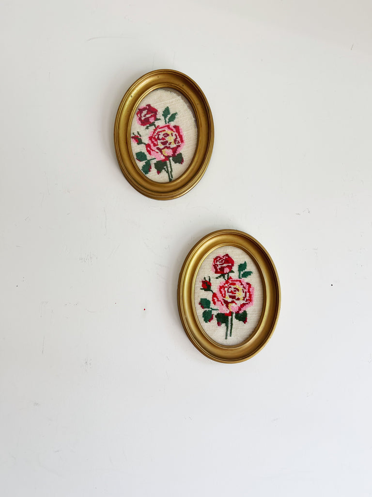 Framed Petite Needlepoint Floral Fabric Art Set