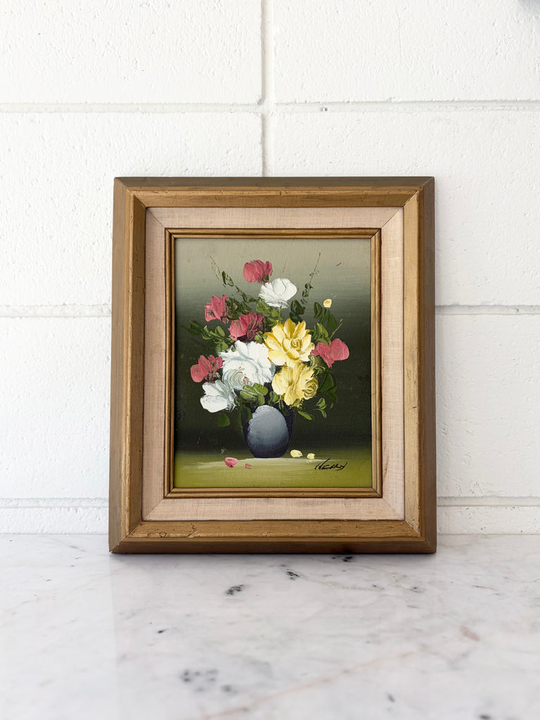 Framed Vintage Signed Original Oil on Wood Floral Still Life Painting