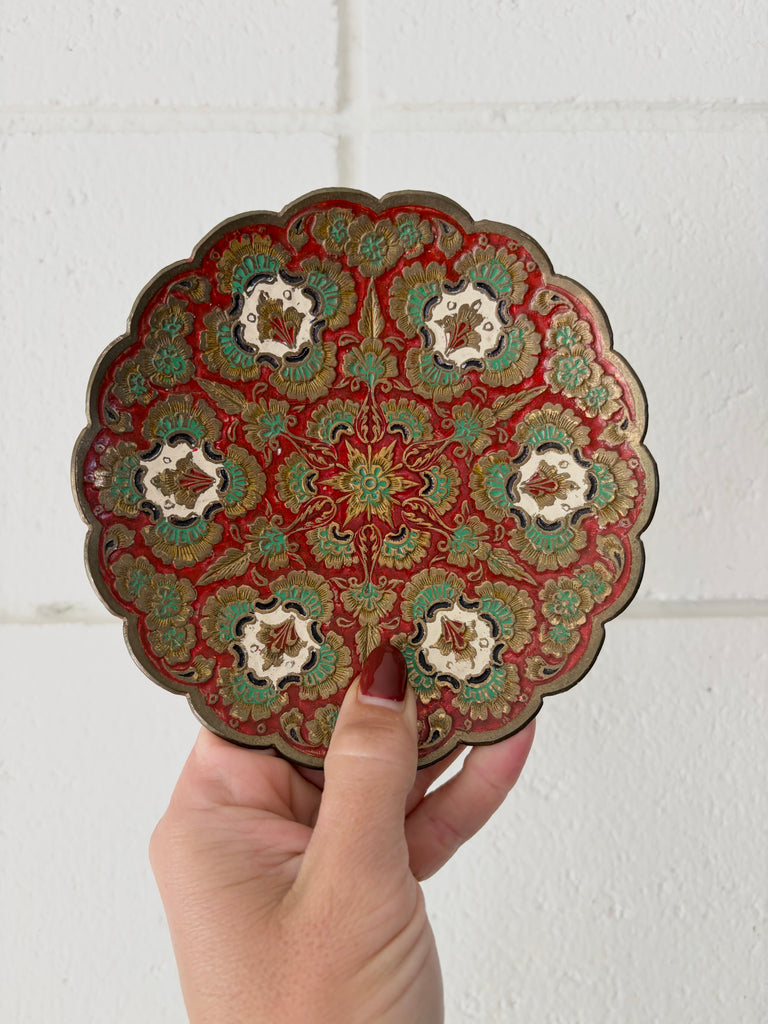 Vintage Etched Brass Pedestal Bowl with Scalloped Edge